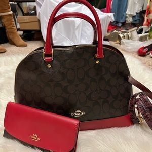 Coach Purse Set Sierra Satchel & Wallet Brown w/ Red Trim Great Value and Rare